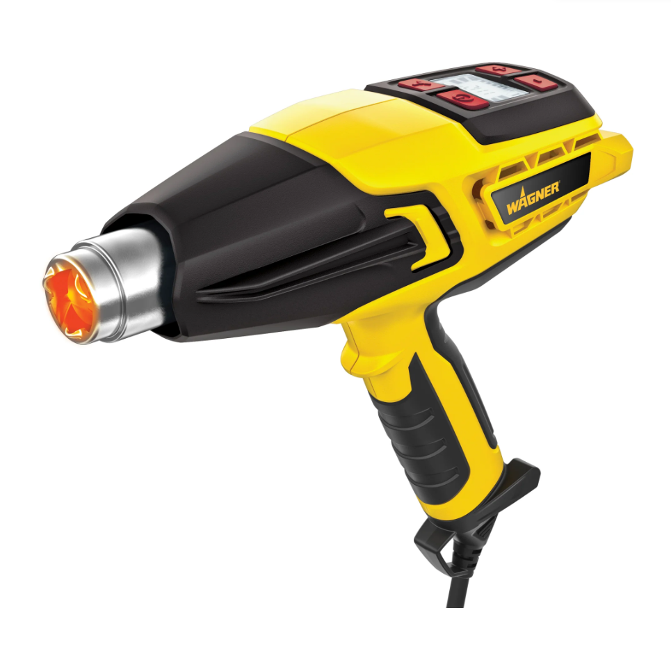 The Wagner Furno 700 LCD Heat Gun by Wagner features a digital display, control buttons on top, a metal nozzle, and a power cord—making it an essential tool for your collection.